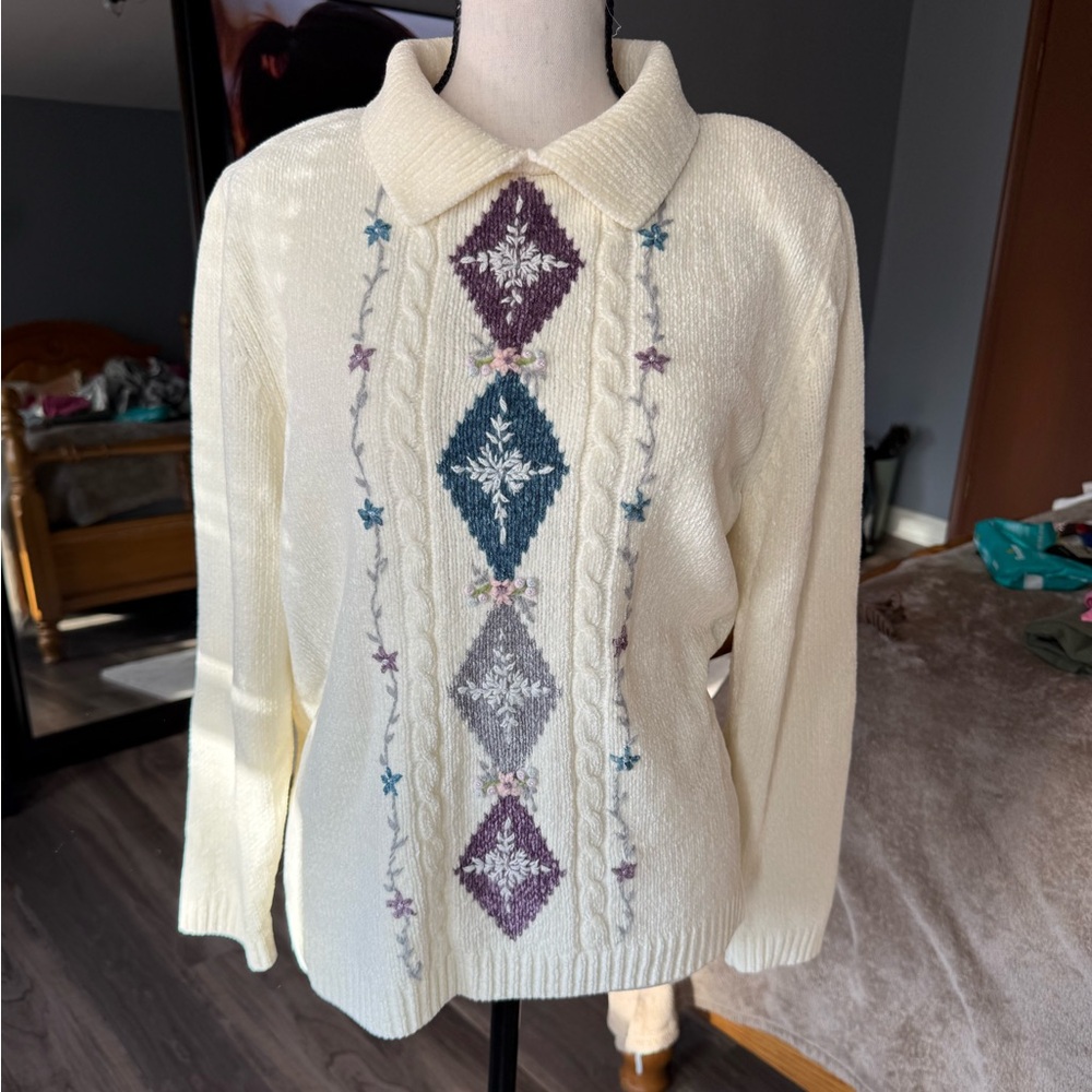 Alfred dunner Cream Collared Sweater with Floral Diamond Embroidery